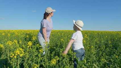 Fototapeta premium Woman And Their Son Are Playing In A Field Of Rapeseed. Happy Child Playing Joyfully In Fields Of Blooming Yellow Rapeseed.