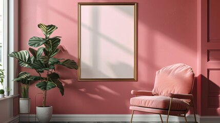 Vertical golden frame mockup close up on wall painted pastel pink color