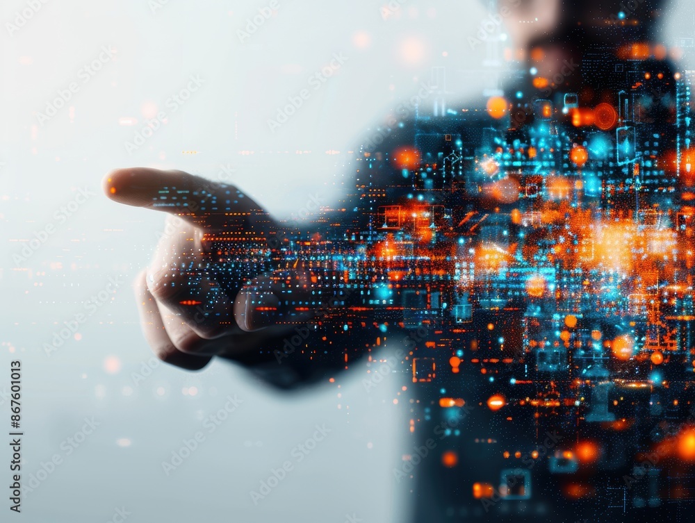 Poster a person interacting with futuristic virtual interface, touching digital holographic elements, repre