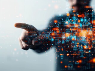 A person interacting with futuristic virtual interface, touching digital holographic elements, representing technology and innovation.