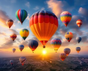 Fototapeta premium A vibrant group of hot air balloons soaring in a blue sky at sunrise, creating a colorful and dynamic scene over a picturesque landscape.