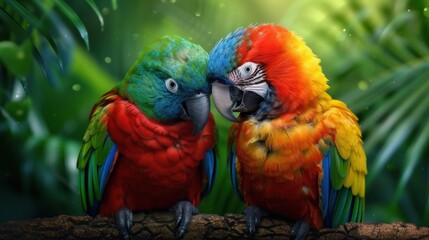 Obraz premium Colorful parrots perched on a branch in a lush tropical rainforest, showcasing vibrant plumage and natural beauty.
