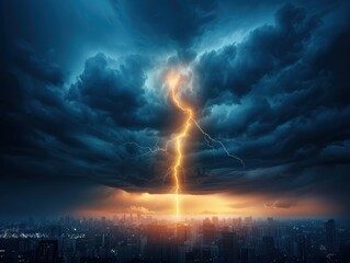 Fototapeta premium Dramatic lightning strike during a sunset over a city skyline, with dark storm clouds illuminated by a powerful bolt of lightning.
