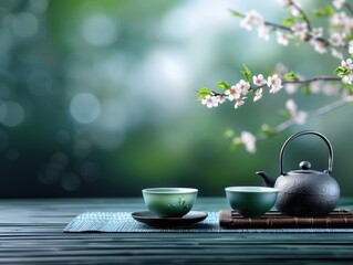 Elegant tea set with blooming cherry blossoms in the background on a serene, natural outdoor setting.