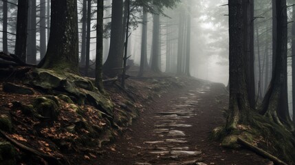 Fototapeta premium Mysterious Forest Path in Dense Fog.