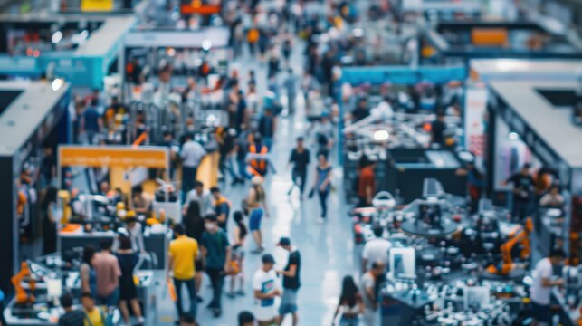 A bustling technology expo, filled with attendees exploring various models of robots and drones blurred people