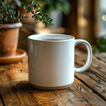 A mockup of a plain white ceramic mug on a wodden table, blurry background, mock up, mock-up