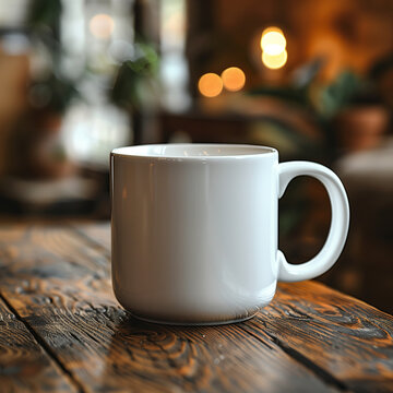A mockup of a plain white ceramic mug on a wodden table, blurry background, mock up, mock-up