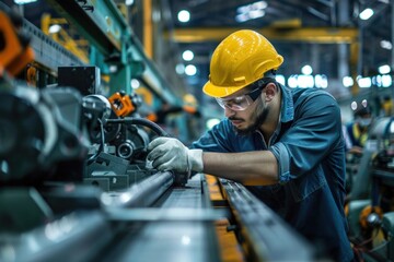 Engineer working at machine in aluminum manufacturing industry