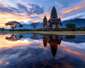 Majestic temple at sunrise with stunning reflection in the water, showcasing beautiful architecture and serene landscape.
