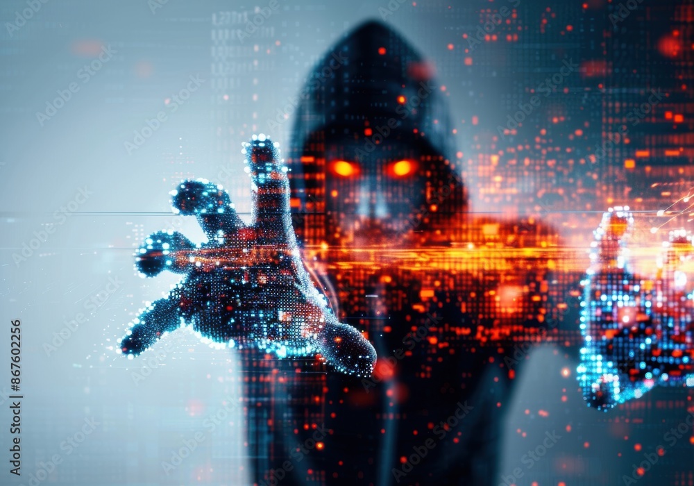Aufkleber mysterious hacker with glowing eyes and digital effects around hands, representing cyber attack, dat