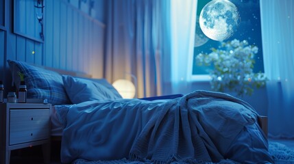 Serene bedroom scene with melatonin 1mg pills promoting calmness and sleep aid in moonlit ambiance