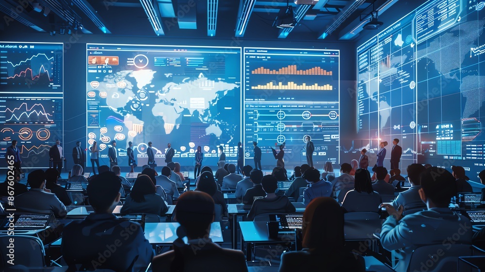 Poster a large group of people gather in a conference room, facing a wall of screens displaying data and gl