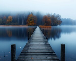 Obraz premium Scenic lake with wooden dock leading to colorful autumn trees and calm water shrouded in mist, creating a tranquil and serene atmosphere.