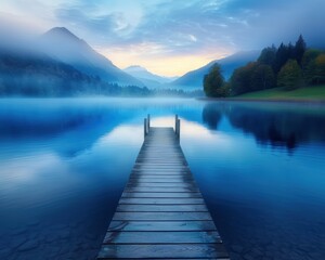 Fototapeta premium Serene lake with a wooden pier extending into calm waters, surrounded by misty mountains and lush greenery at dawn.