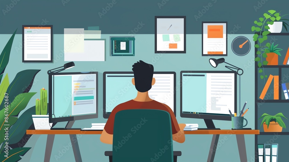 Poster a programmer working at his desk with three monitors, surrounded by documents and plants.