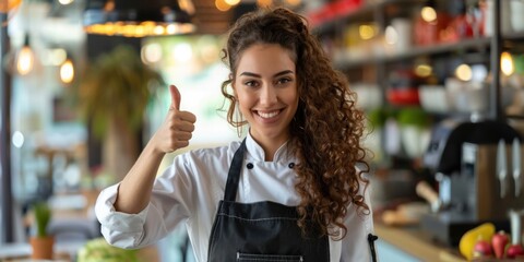 Positive young woman smiling cheerfully giving thumbs up to camera Put on an apron in the kitchen