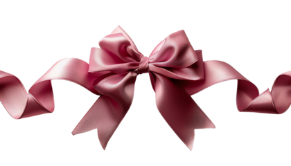Pink bow. It is made of shiny material. It has two long tails.