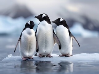 Obraz premium Three penguins standing on an ice floe in Antarctica with blurred mountains in the background.