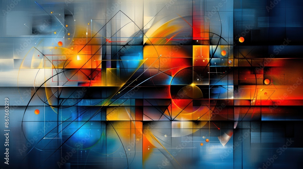 Poster vibrant abstract digital artwork with geometric shapes and dynamic colors, creating a futuristic and