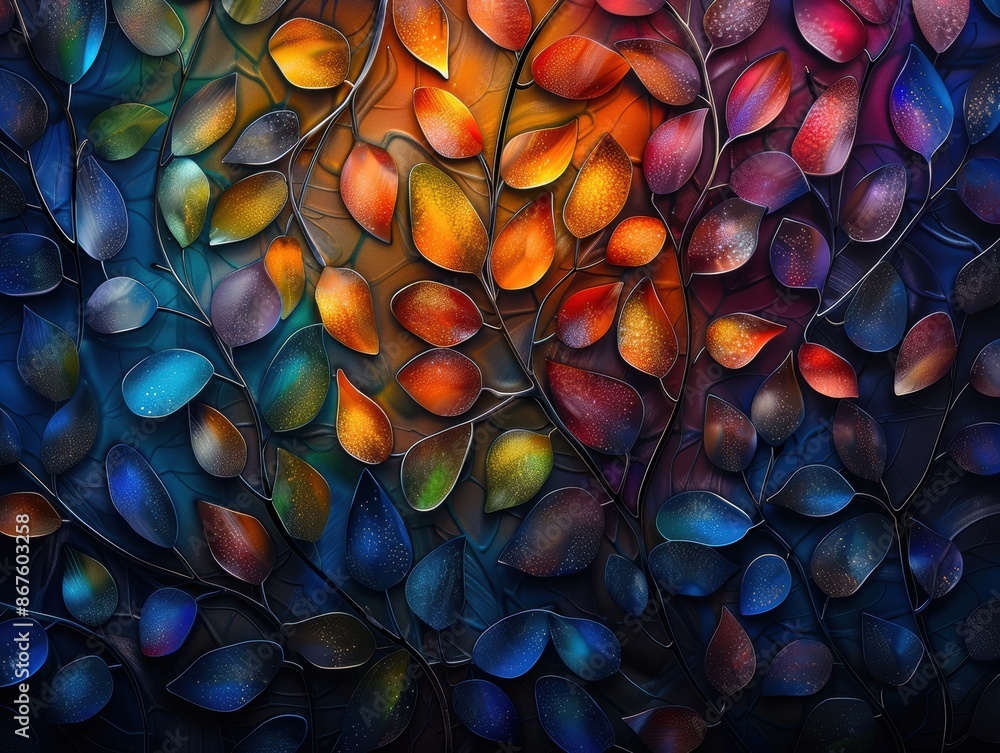 Poster vibrant abstract painting of colorful leaves, showcasing rich textures and dynamic hues, creating a 
