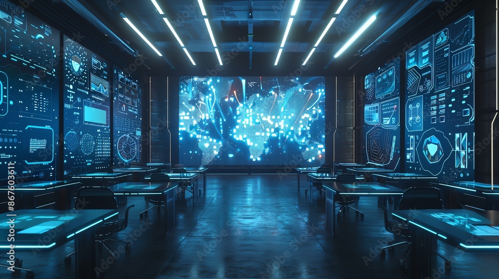 Poster futuristic control room with glowing blue screens displaying data and a world map.