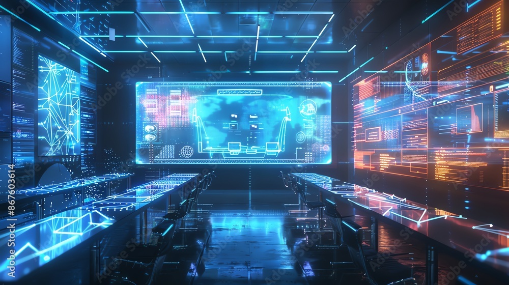 Poster futuristic control room with glowing screens and digital displays. cybersecurity and data analysis c