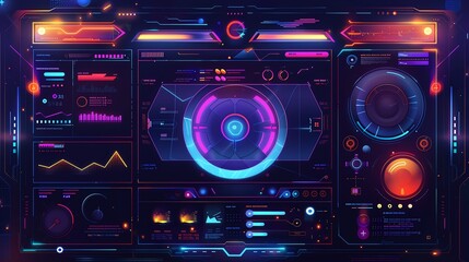 Fototapeta premium Futuristic digital interface with glowing neon lights and data displays.
