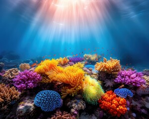 Naklejka premium Vibrant underwater coral reef scene with colorful corals illuminated by sunlight, showcasing marine beauty and diversity.