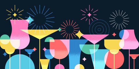 Night party banner, poster with colorful cocktails, fireworks. Vector illustration. Abstract geometric color design. Alcoholic, non-alcoholic drinks cocktail menu, bar elements on black background