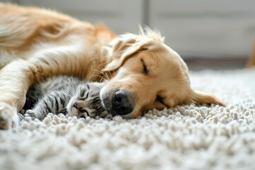 Obraz premium Kitten and puppy sleep together on a white carpet at home, a cute cat sleeping with a dog in bed. The love of pets concept