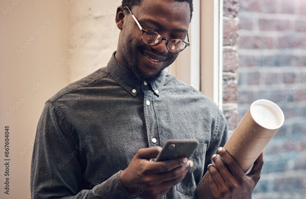 Poster online, black man and phone with blueprint in office for floor plan, communication and feedback. con