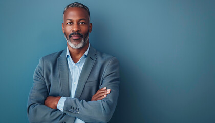 Portrait of handsome African-American older man with beard, wearing blue jacket, business casual and successful professional concept, copy space