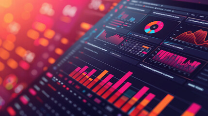 Obraz premium Analytics dashboard on the right side of the image against a solid coral background.