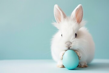 Fototapeta premium photo of a white cute fluffy bunny sitting on a blue easter egg isolated on a pastel background, copy space concept for Happy Easter or Springtime decoration
