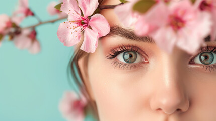 Naklejka premium Close-up portrait of a woman with cherry blossom flowers and green eyes, surrounded by soft pastel colors, creating a serene and dreamy atmosphere.