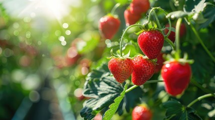 Red strawberries set against green foliage in a blurred greenhouse setting