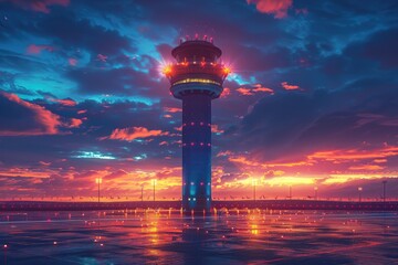 Obraz premium Clipart illustration of Air Traffic Control Tower Overseeing Operations The air traffic control tower standing tall, overseeing the entire airport and ensuring the safe and efficient movement of