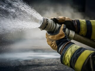 Fototapeta premium Manos de bombero sosteniendo manguera con agua