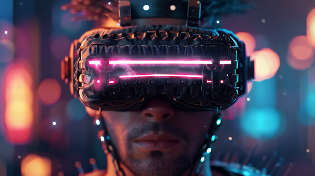 A futuristic scene featuring a person wearing advanced virtual reality goggles emitting vibrant neon lights, representing immersive technology.