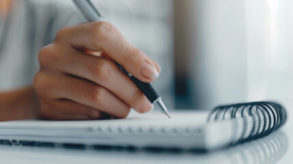 Fototapeta premium Close-up of a hand writing in a notebook with a pen, showcasing the concept of note-taking, learning, and journaling.