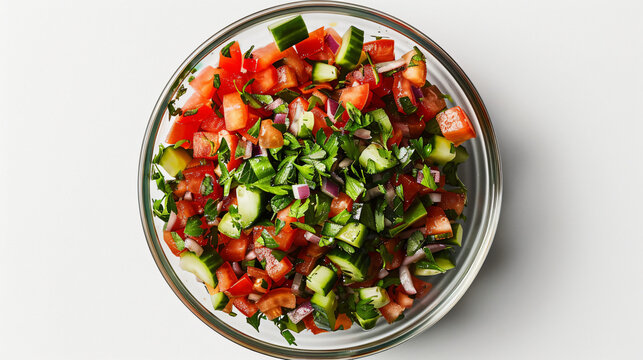 Traditional uzbek dish: achich-chuchuk salad made with fresh chopped tomatoes, cucumbers, onions, and herbs