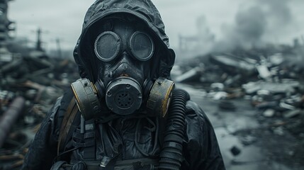 Person wearing gas mask and protective gear standing in a post-apocalyptic wasteland with debris and smoke in the background.