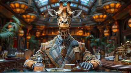 Giraffe in a suit sitting at a luxurious desk in a grand room, blending wildlife with an opulent, human, and whimsical setting.