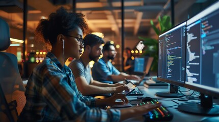 A diverse team of programmers work late into the night, focused on their computer screens.  They are coding, collaborating, and creating.