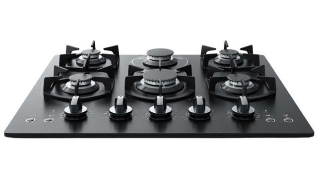 A sleek and stylish gas hob with a black glass finish. It features four burners, including a powerful wok burner, and easy-to-use controls. isolate on white background