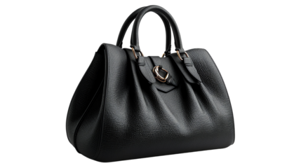 Black leather handbag with gold hardware. isolate on white background