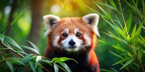 Adorable red panda in a bamboo forest , cute, red panda, bamboo, forest, adorable, wildlife, furry, small, endangered, Asian
