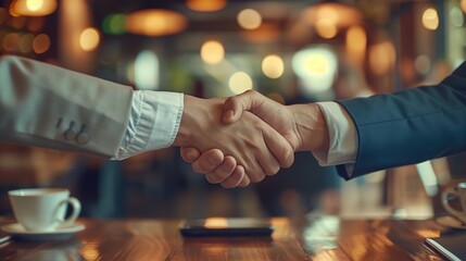 two people shaking hands over a table with a cup of coffee on it and a cell phone in the background..
