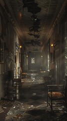 Fototapeta premium A long, dimly lit hallway in an abandoned building, with decaying furniture and debris on the floor. The atmosphere is eerie and unsettling.